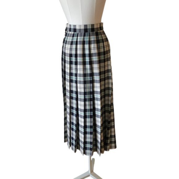 Vintage Jaeger Plaid white and navy pleated wool midi skirt - Picture 3 of 12